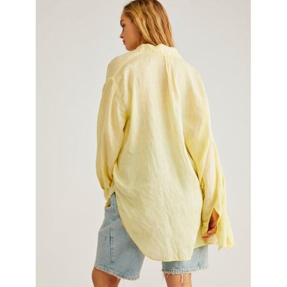 New Free People x CP Shades Solid Ruffle Linen Shirt $252 X-SMALL Banana Cream - Picture 3 of 7